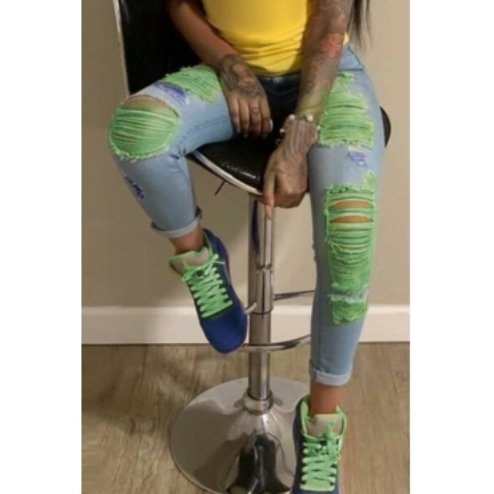 Green Distressed Denim Jean